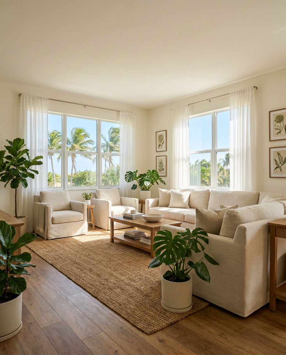 Bright, airy Florida living room with palm trees visible through large windows and a comfortable linen sofa