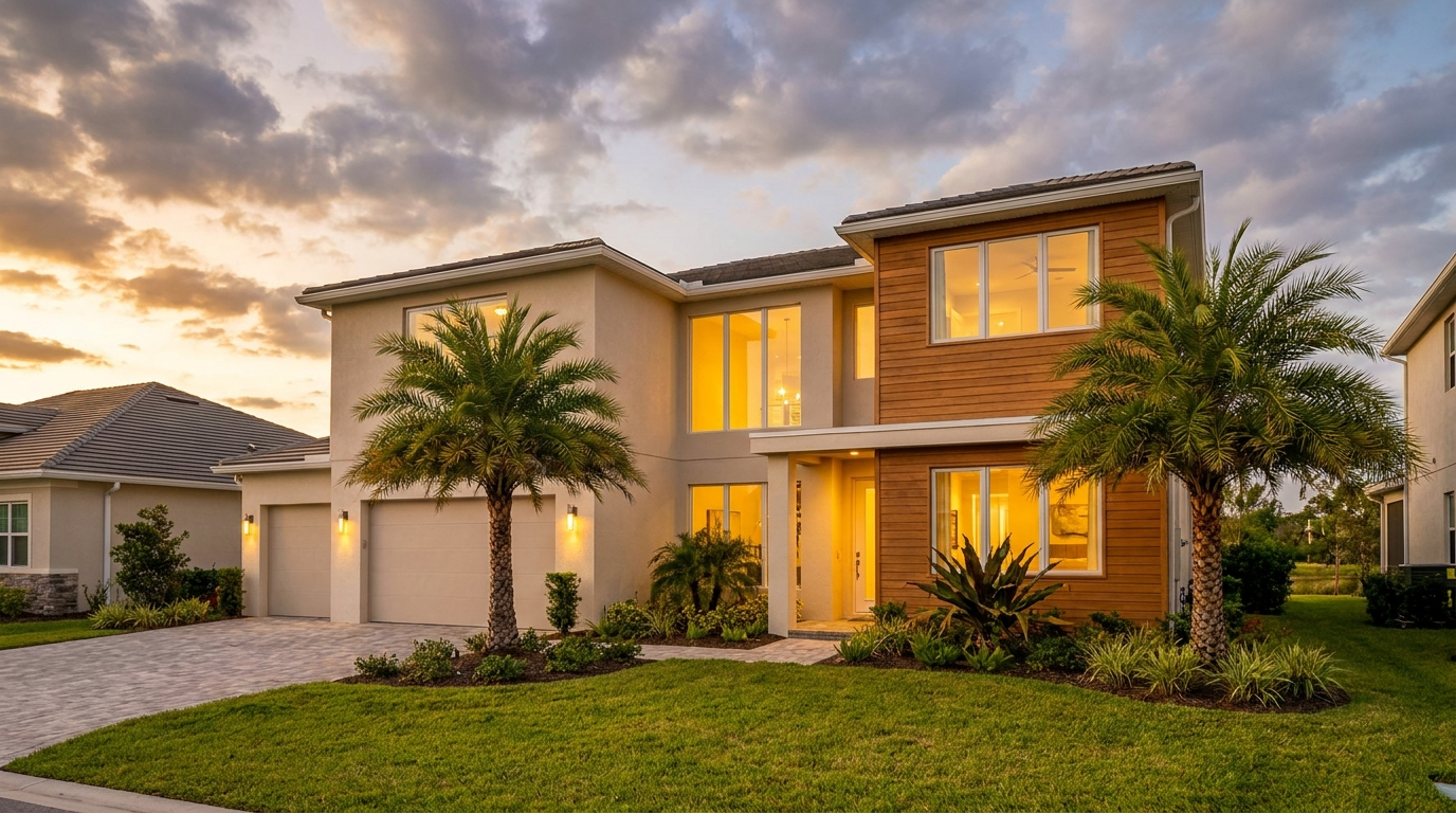 Modern two-story Florida home with warm evening light and palm trees at golden hour