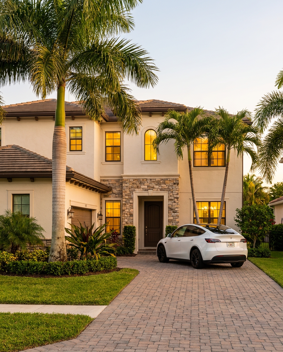 An elegant two-story Florida family home at golden hour with mature palm trees and a Tesla parked in the paver driveway