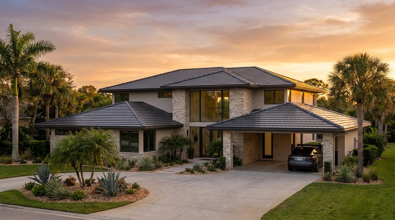 A modern Florida home with an integrated Tesla-style solar roof at golden hour